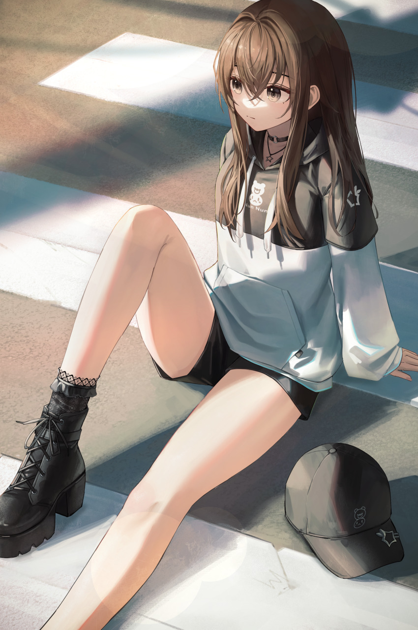 1girl, absurdres, baseball_cap, black_boots, black_hat, black_hoodie, black_shorts, boots