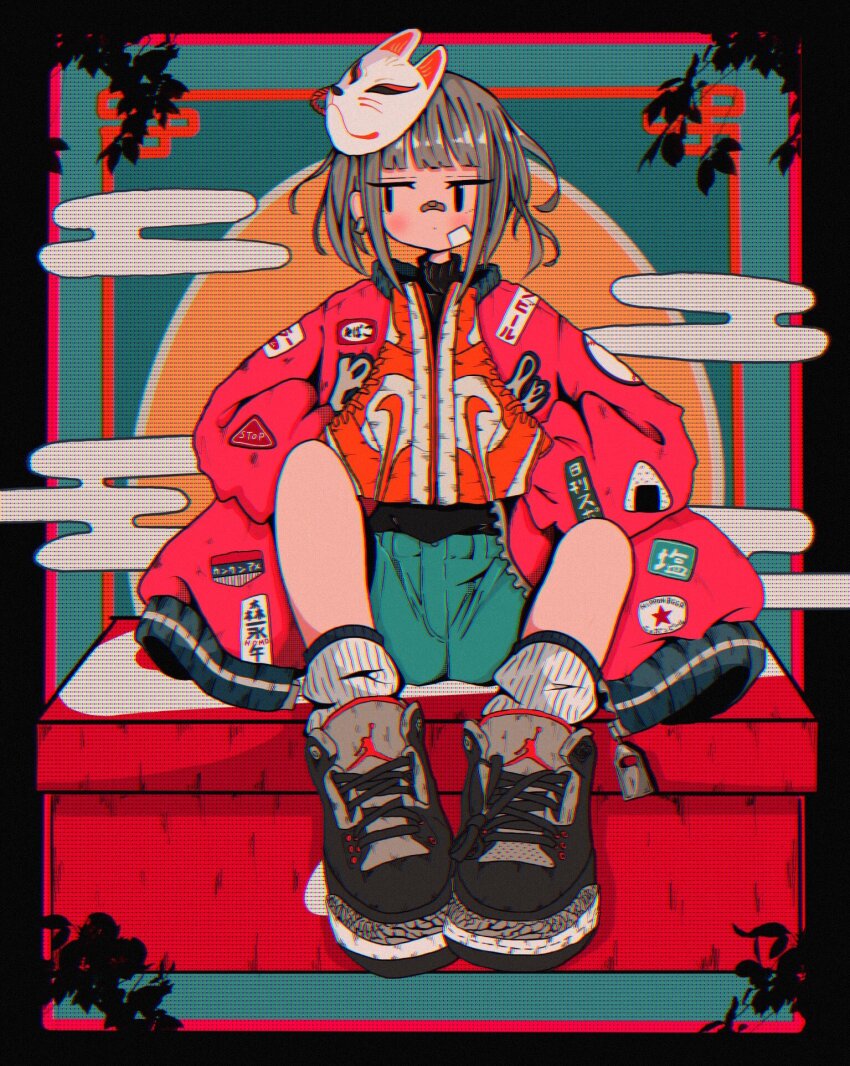 1girl, air_jordan, air_jordan_1, air_jordan_3, aqua_background, aqua_shorts, averting_eyes, bandaid