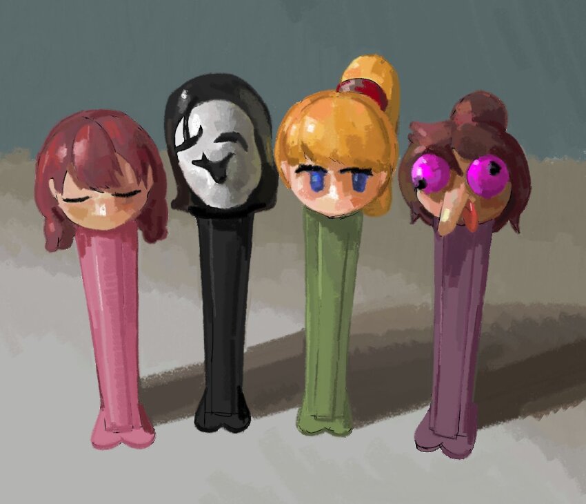 3girls, 6_9, black_eyes, blonde_hair, blue_eyes, blush, brown_hair, closed_eyes, colored_sclera, hair_between_eyes, jitome, long_hair, madotsuki, medium_hair, multiple_girls, no_mouth, objectification, open_mouth, pez, poniko, ponytail, purple_sclera, ratfoob, shadow, surreal, toriningen, twintails, uboa, what, yume_nikki