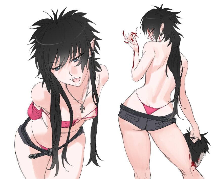 2girls, arm_warmers, ass, bandeau, belt, black_hair, blood, blue_eyes