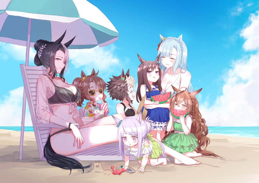 6+girls, :o, aged_down, ahoge, all_fours, animal_ears, bare_shoulders, barefoot