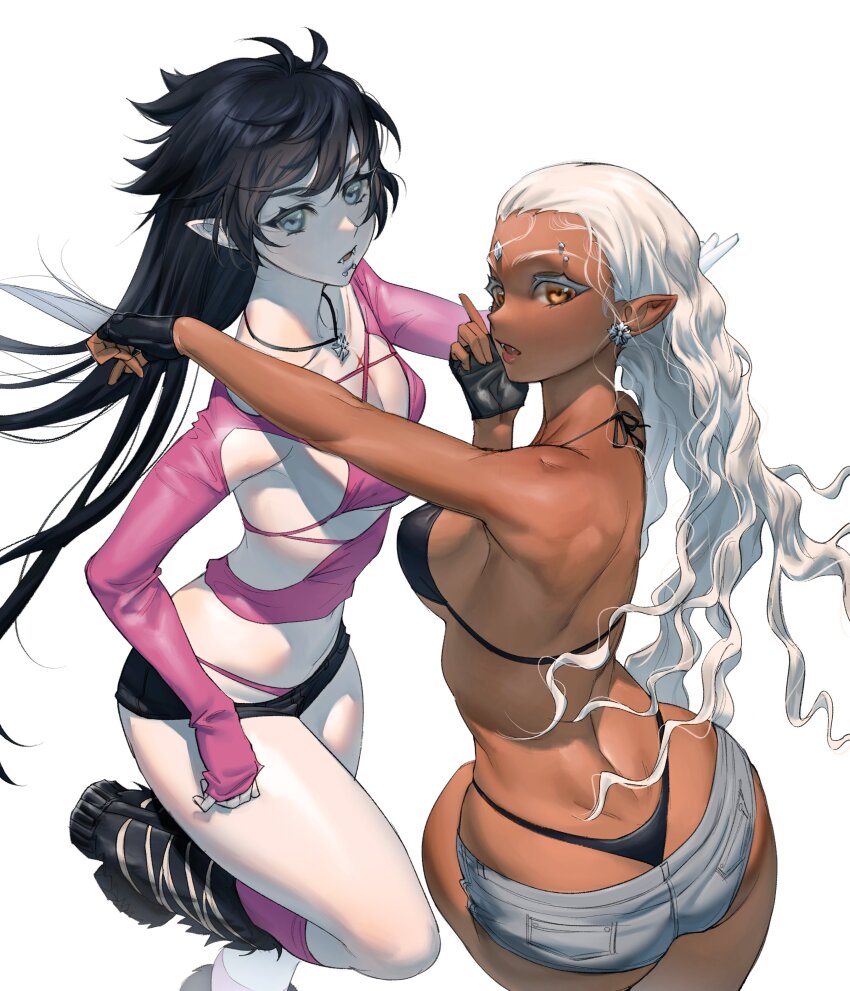 2girls, absurdres, ass, back, bare_shoulders, bella_(ryofu_x), bikini, black_bikini, boots, cheek_piercing, colored_eyelashes, cross, cross_earrings, cross_necklace, curly_hair, dark-skinned_female, dark_skin, denim, denim_shorts, dimples_of_venus, earrings, eyebrow_piercing, face_piercing, fangs, fingerless_gloves, fingernails, forehead_jewel, from_behind, fur_boots, gloves, hair_behind_ear, highres, jewelry, labret_piercing, lip_piercing, long_hair, long_sleeves, lucy_(ryofu_x), multiple_girls, necklace, original, piercing, pointy_ears, ryofu_x, sharp_fingernails, shorts, simple_background, sleeves_past_wrists, stomach_piercing, swimsuit, thong, vampire