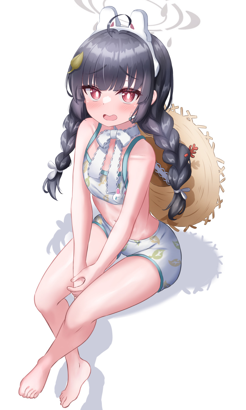 1girl, absurdres, animal_ears, barefoot, between_legs, bikini, black_hair, blue_archive