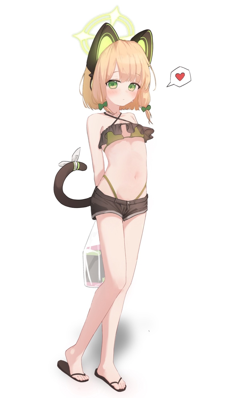 1girl, absurdres, animal_ear_headphones, animal_ears, arms_behind_back, bare_legs, bikini, bikini_bottom_under_shorts, bikini_under_clothes, black_shorts, blonde_hair, blue_archive, blush, bow, cat_ear_headphones, cat_ears, cat_tail, closed_mouth, collarbone, criss-cross_halter, fake_animal_ears, fake_tail, female_focus, flat_chest, flip-flops, frilled_bikini, frills, full_body, green_bikini, green_bow, green_eyes, green_halo, hair_bow, halo, halterneck, headphones, heart, highres, loli, looking_at_viewer, low-tied_sidelocks, midori_(blue_archive), multicolored_bikini, navel, osorii, ribbon, sandals, short_hair, short_shorts, shorts, sidelocks, simple_background, solo, speech_bubble, spoken_heart, standing, swimsuit, tail, tail_ornament, tail_ribbon, toes, two-tone_bikini, white_background, white_ribbon