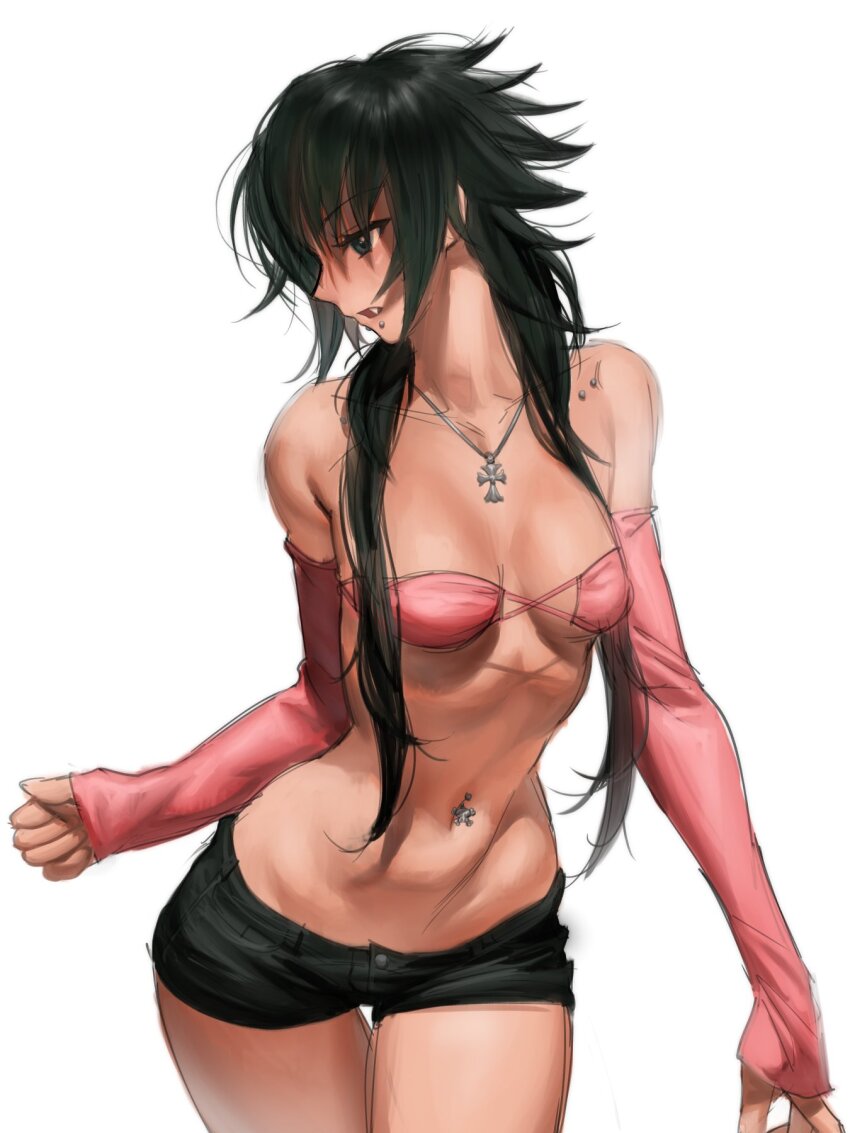 1girl, bandeau, black_hair, blue_eyes, breasts, collarbone, collarbone_piercing, cross, cross_earrings, cross_necklace, earrings, fangs, grey_pants, highres, jewelry, long_hair, looking_to_the_side, lucy_(ryofu_x), medium_breasts, navel_piercing, necklace, original, pants, parted_lips, piercing, pink_bandeau, ryofu_x, short_shorts, shorts, simple_background, spiked_hair, stomach, thigh_gap, vampire, white_background, winged_arms, wings