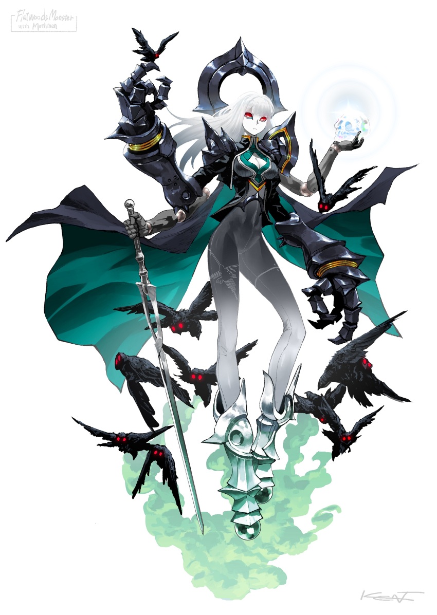 1girl, absurdres, black_bodysuit, bodysuit, breasts, cleavage_cutout, clothing_cutout, colored_skin, covered_navel, creature, cryptid, crystal_skull, extra_arms, fewer_digits, flatwoods_monster, full_body, highres, kent_(innuendo666), long_arms, long_legs, looking_at_viewer, medium_breasts, mixed-language_commentary, monster_girl, mothman_(mythology), nazca_lines, original, oversized_forearms, oversized_limbs, red_eyes, signature, solid_eyes, white_background, white_hair, white_skin