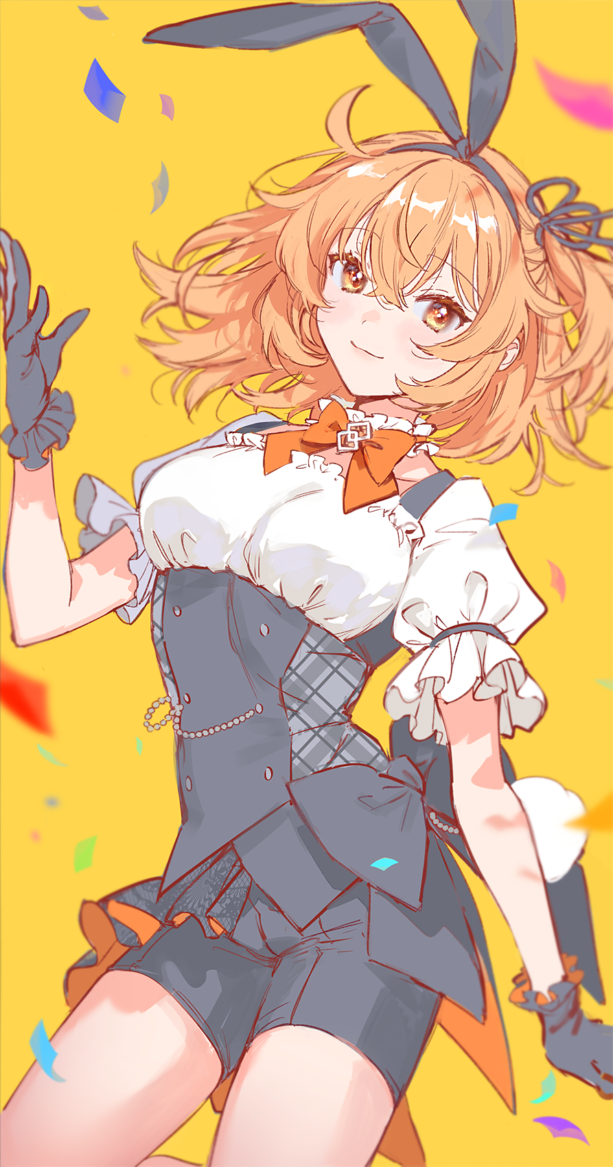 1girl, animal_ears, black_gloves, black_hairband, black_ribbon, black_shorts, bow, bowtie