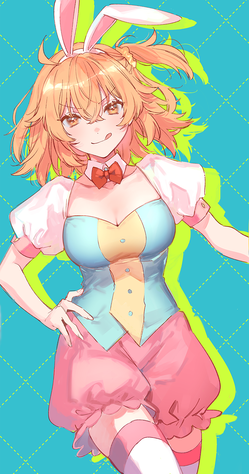 1girl, :q, animal_ears, blue_background, blue_shirt, bow, bowtie, breasts