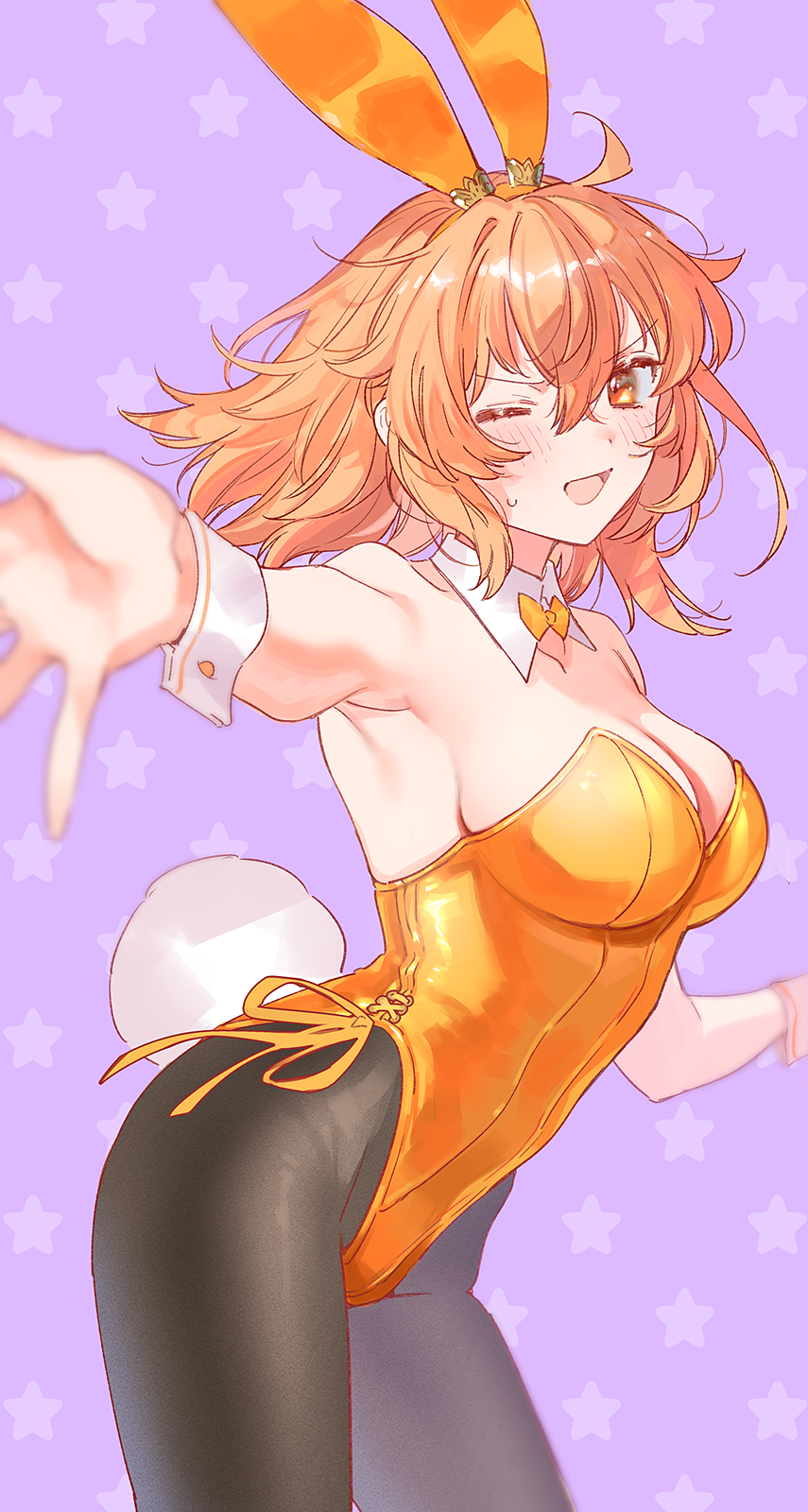 1girl, ;d, animal_ears, black_pantyhose, blurry, blurry_foreground, blush, bow, bowtie, breasts, brown_eyes, cleavage, collarbone, cowboy_shot, detached_collar, fake_animal_ears, fake_tail, fate/grand_order, fate_(series), floating_hair, from_side, fujimaru_ritsuka_(female), fujimaru_ritsuka_(female)_(bunny), hair_between_eyes, hairband, highres, large_breasts, leaning_forward, leotard, light_brown_hair, long_hair, looking_at_viewer, one_eye_closed, open_mouth, orange_hairband, orange_leotard, outstretched_arm, outstretched_hand, pantyhose, playboy_bunny, purple_background, rabbit_ears, rabbit_tail, reaching, reaching_towards_viewer, sideboob, smile, solo, standing, star_(symbol), star_symbol_background, strapless, strapless_leotard, tail, uni_(nico02), wrist_cuffs, yellow_bow, yellow_bowtie