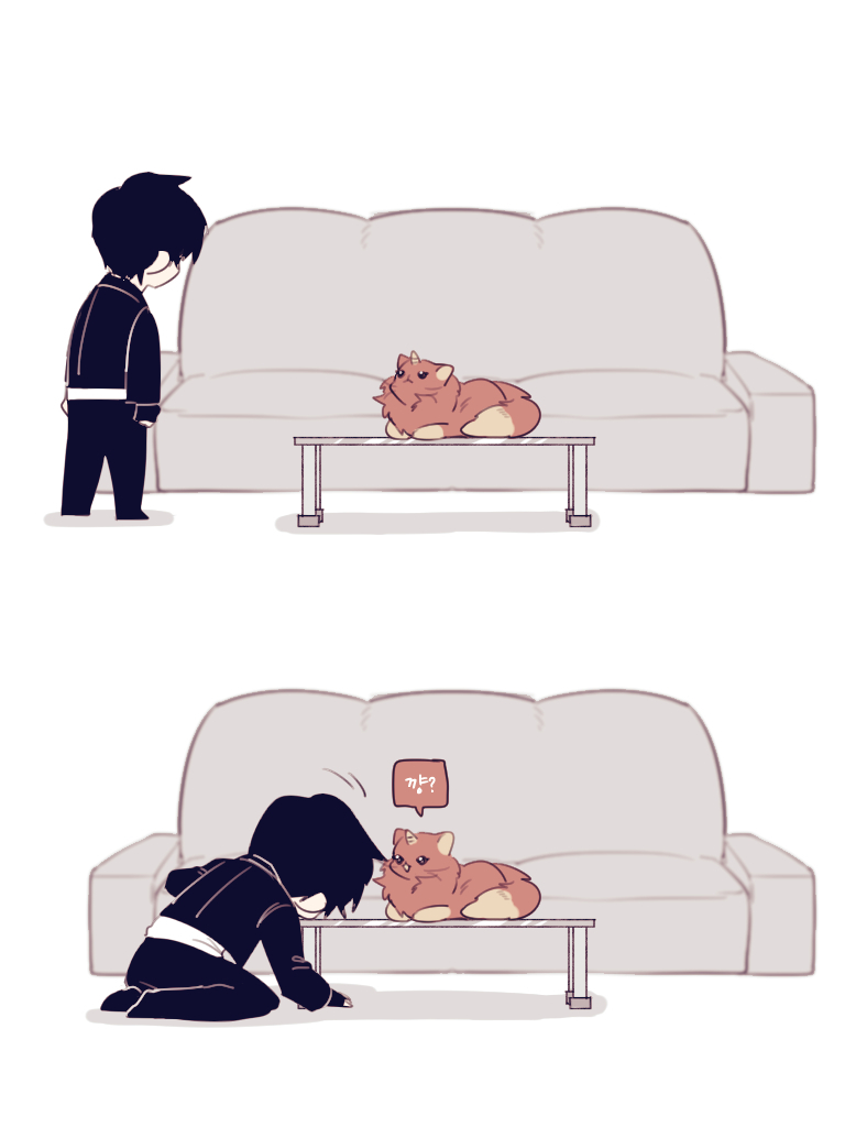 1boy, animal, black_hair, black_jacket, black_pants, comic, commentary_request, couch