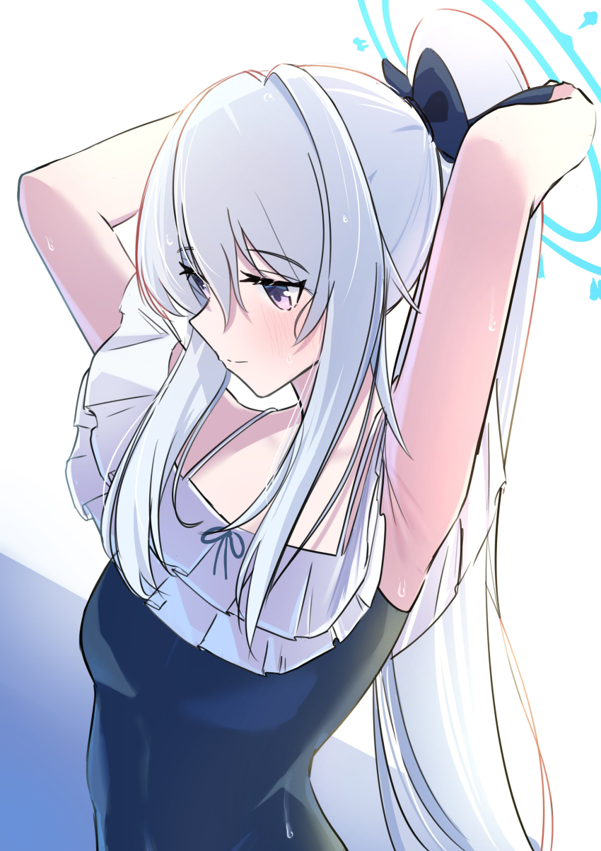 1girl, absurdres, armpits, arms_up, blue_archive, blue_bow, blue_one-piece_swimsuit, blue_ribbon, blush, bow, chestnutj37, frills, hair_bow, halo, highres, long_hair, looking_to_the_side, miyako_(blue_archive), miyako_(swimsuit)_(blue_archive), one-piece_swimsuit, purple_eyes, ribbon, sidelocks, simple_background, smile, solo, swimsuit, tying_hair, upper_body, very_long_hair, white_background, white_hair