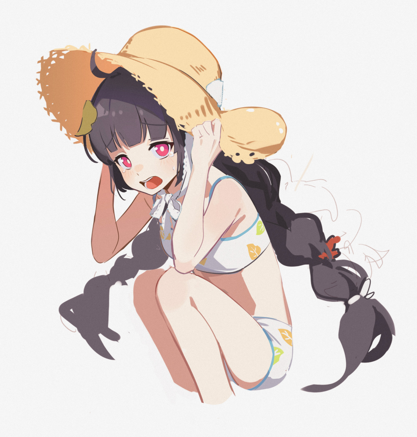 1girl, ahoge, bikini, black_hair, blue_archive, blush, braid, bright_pupils, dazhangfu, hat, highres, leaf, leaf_on_head, long_hair, miyu_(blue_archive), miyu_(swimsuit)_(blue_archive), open_mouth, red_eyes, solo, straw_hat, swimsuit, tearing_up, twin_braids, white_bikini, white_pupils