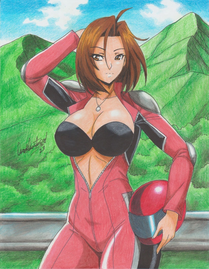 1girl, 2023, absurdres, biker_clothes, bikesuit, black_bra, bodysuit, bra, breasts, brown_eyes, brown_hair, cleavage, commission, forest, hand_on_own_head, helmet, highres, holding, holding_unworn_helmet, jewelry, kusanagi_aoi, large_breasts, mountain, mountainous_horizon, nature, necklace, outdoors, ravernclouk_design, short_hair, snk, solo, strapless, strapless_bra, the_king_of_fighters, traditional_media, underwear, unworn_headwear, unworn_helmet