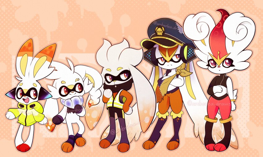 5others, absurdres, agent_3_(splatoon), agent_3_(splatoon)_(cosplay), agent_3_(splatoon_3), agent_3_(splatoon_3)_(cosplay), agent_4_(splatoon), agent_4_(splatoon)_(cosplay), agent_8_(splatoon), agent_8_(splatoon)_(cosplay), amberlea, animal_feet, animal_hands, animal_nose, arm_at_side, artist_name, bike_shorts, black_shirt, blue_fur, body_fur, bottomless, bracelet, cinderace, closed_mouth, clothed_pokemon, cosplay, covered_mouth, crop_top, crossed_arms, dynamax, evolutionary_line, full_body, furry, gen_8_pokemon, gigantamax, half-closed_eyes, hand_on_own_chest, hand_on_own_hip, hand_on_own_stomach, hand_to_own_mouth, hand_up, happy, headphones, high-visibility_clothing, high-visibility_vest, highres, hood, hood_down, hooded_jacket, jacket, jewelry, legs, long_animal_ears, long_sleeves, looking_at_another, looking_to_the_side, multicolored_fur, multiple_others, nintendo, open_mouth, orange_background, orange_fur, orange_hair, orange_outline, other_focus, outline, patchwork_clothes, pigeon-toed, pokemon, pokemon_(creature), rabbit_ears, rabbit_tail, raboot, red_eyes, red_fur, red_hair, scorbunny, shirt, short_hair, single_bare_shoulder, single_sleeve, sleeveless, sleeveless_shirt, smile, socks, splatoon_(series), splatoon_1, splatoon_2, splatoon_3, split_mouth, standing, striped_clothes, striped_socks, teeth, thighs, toeless_legwear, torn_clothes, torn_shirt, twitter_username, vest, watermark, white_fur, white_outline, yellow_jacket, yellow_vest, zipper_pull_tab