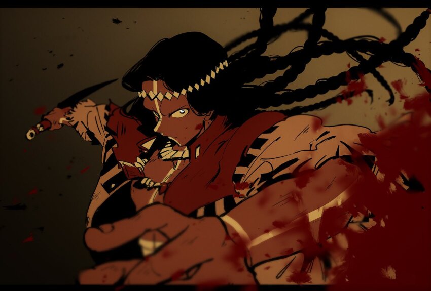 1boy, black_hair, blood, blue_eyes, bodypaint, braid, dark-skinned_male, dark_skin