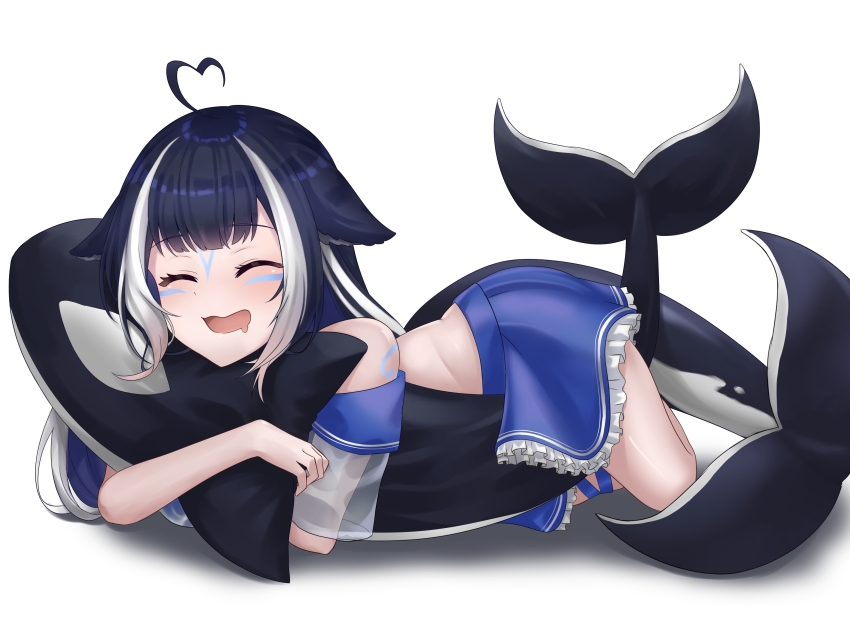 1girl, ahoge, animal_ears, bare_shoulders, black_hair, blue_skirt, body_markings, cetacean_tail