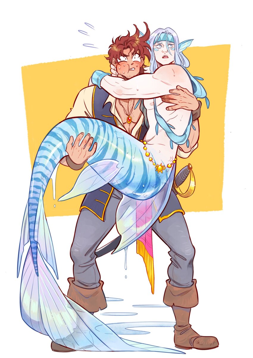 2boys, :i, absurdres, battle_tendency, blue_eyes, blue_hair, blue_scales, blue_vest