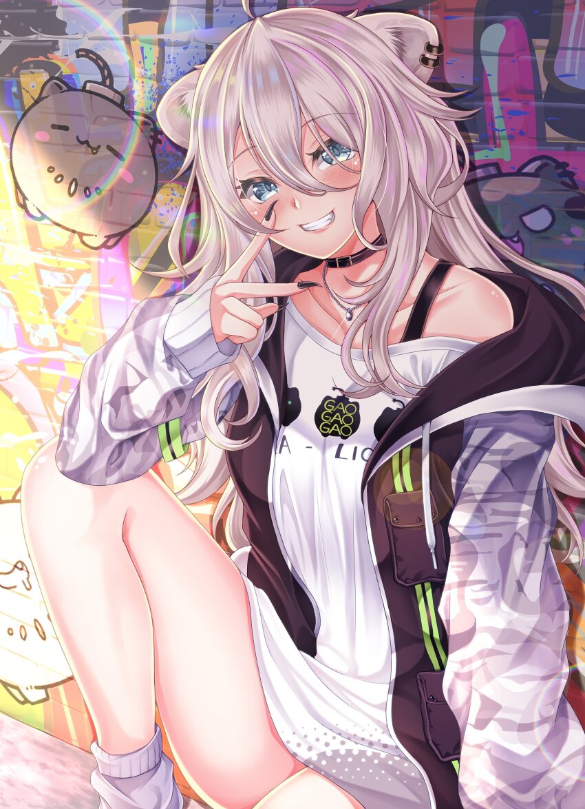 1girl, absurdres, ahoge, animal_ears, black_choker, black_jacket, black_nails, blush