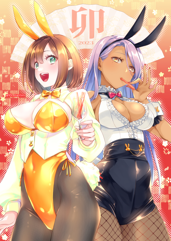 2023, 2girls, animal_ears, bare_shoulders, black_shorts, bow, bowtie, breasts
