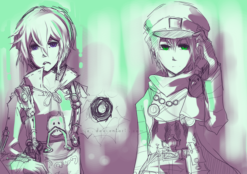 1girl, 2boys, bad_deviantart_id, bad_id, bag, belt, crow_(fragile), fragile