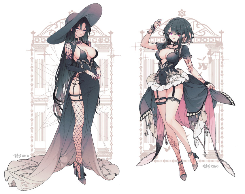 2girls, black_dress, black_footwear, black_hair, black_headwear, black_thighhighs, breasts, cleavage