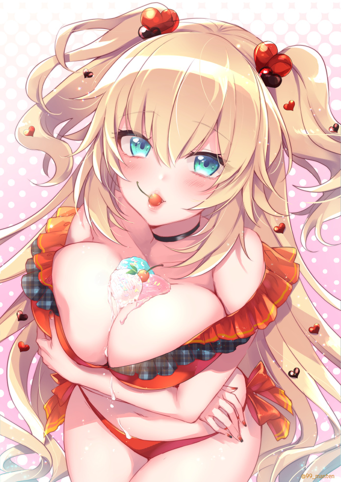 1girl, akai_haato, arm_under_breasts, bare_shoulders, bikini, black_bikini, black_choker, blonde_hair