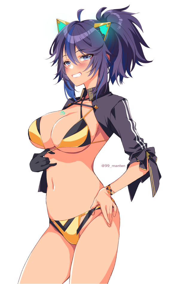 1girl, adidas, ahoge, animal_ears, bikini, bikini_pull, black_bikini, black_jacket, blue_eyes, blue_hair, blush, bracelet, breasts, cat_ears, clothes_pull, colored_inner_hair, contrapposto, cowboy_shot, criss-cross_halter, cropped_jacket, gold_bikini, grin, hair_between_eyes, halterneck, hand_on_own_hip, indie_virtual_youtuber, jacket, jewelry, kson, kson_(swimsuit), large_breasts, long_sleeves, looking_at_viewer, mechanical_ears, medium_hair, multicolored_hair, n_gyou, navel, ponytail, purple_hair, smile, solo, souchou, stomach, string_bikini, swimsuit, tan, twitter_username, virtual_youtuber, white_background