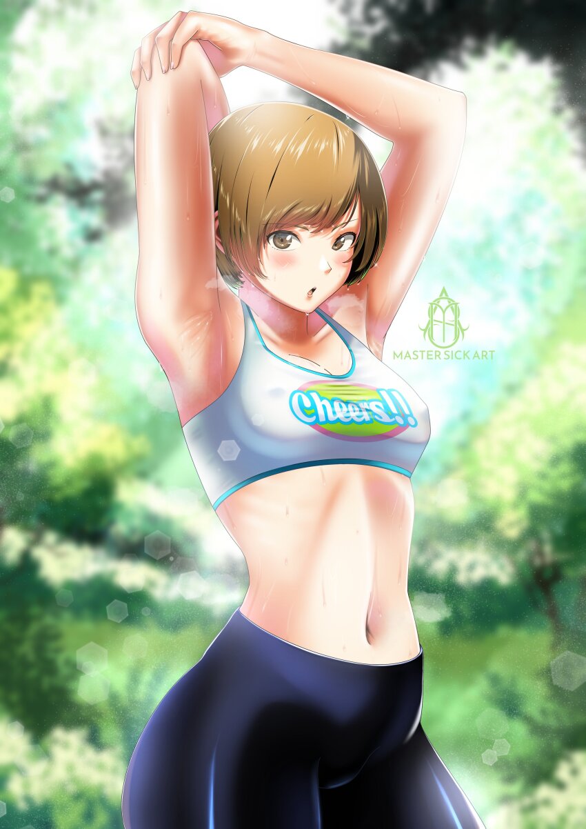 1girl, absurdres, armpits, arms_up, artist_logo, artist_name, bike_shorts, blue_shorts