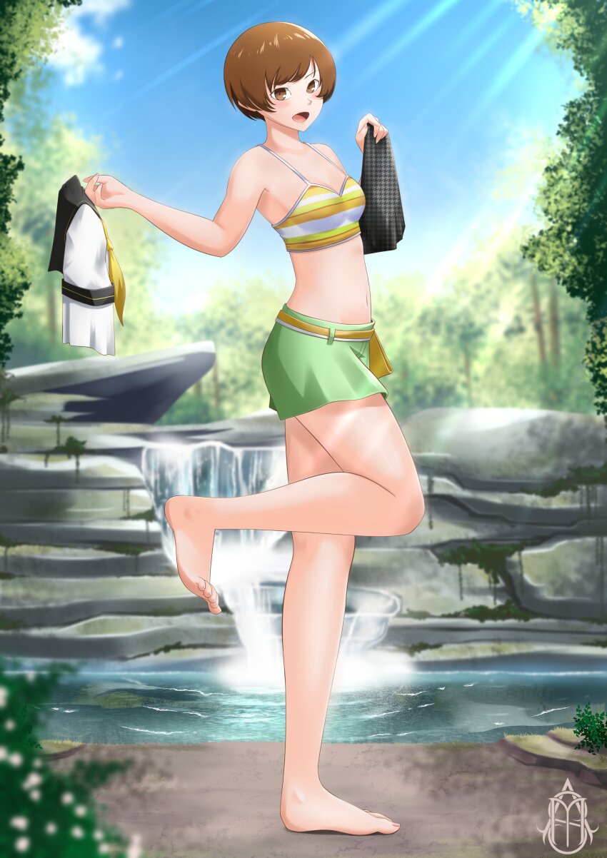 1girl, absurdres, artist_logo, bare_legs, bare_shoulders, barefoot, bikini, blue_sky