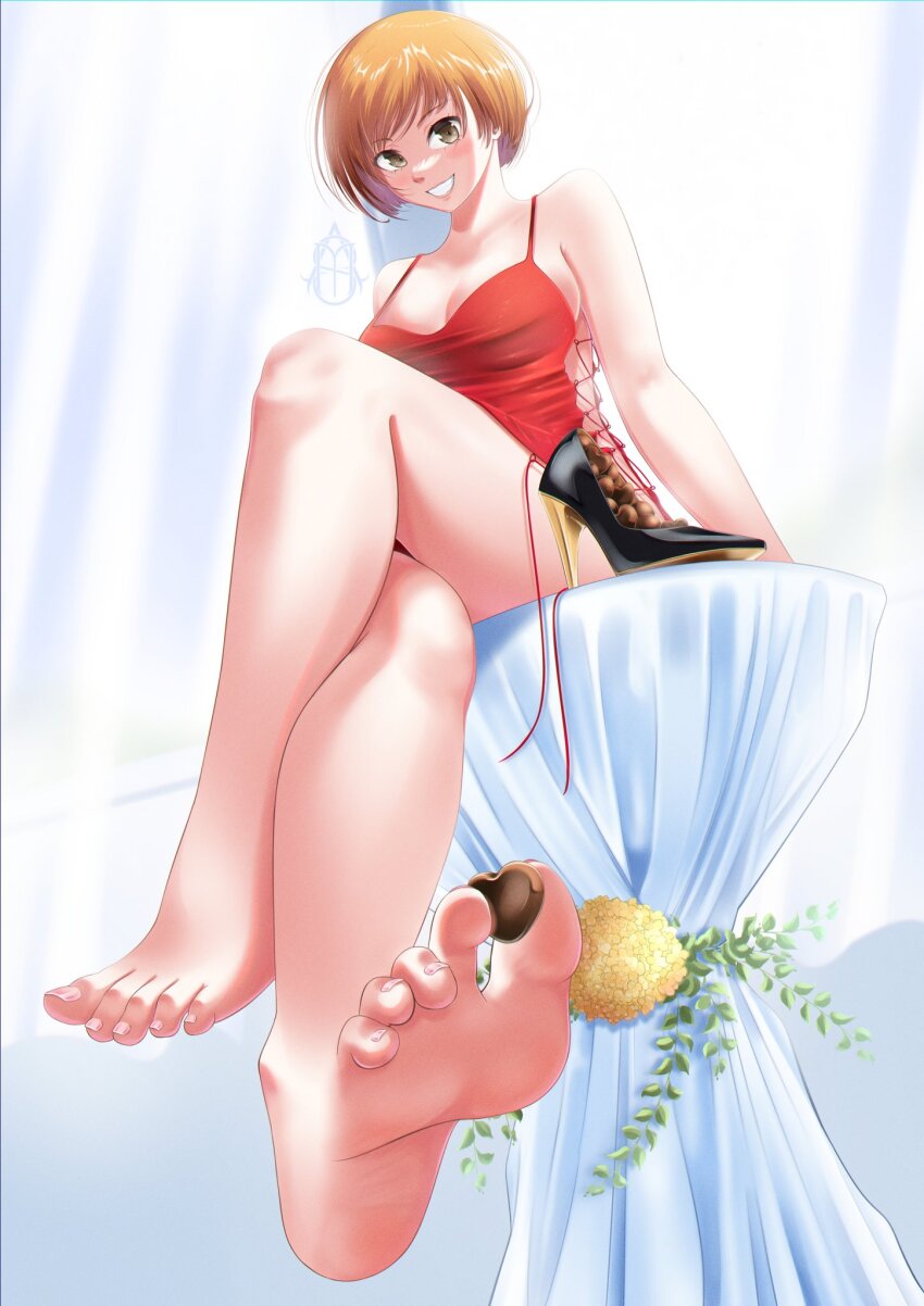 1girl, armpit_crease, artist_logo, bare_shoulders, between_toes, black_shoes, breasts, brown_eyes, candy, chocolate, chocolate_heart, cleavage, clenched_teeth, collarbone, commentary, crossed_legs, curtains, dress, english_commentary, feet, flower, food, foot_focus, foreshortening, full_body, heart, high_heels, highres, indoors, large_breasts, legs, logo, looking_at_viewer, master_sick_art, nail_polish, orange_hair, persona, persona_4, pink_nails, red_dress, satonaka_chie, shoes, short_hair, side-tie_dress, sitting, sleeveless, sleeveless_dress, soles, solo, teeth, thighs, toenail_polish, toenails, toes, unworn_shoes