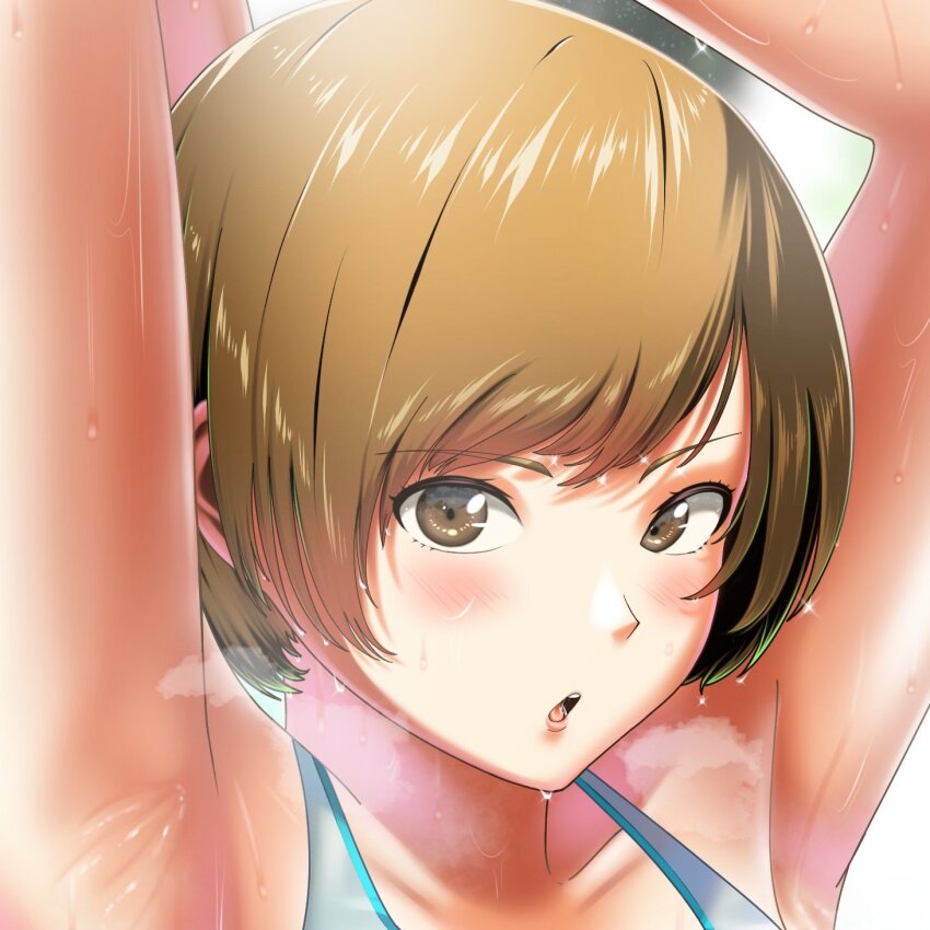1girl, armpits, arms_up, blue_sports_bra, blurry, blurry_background, blush, breath