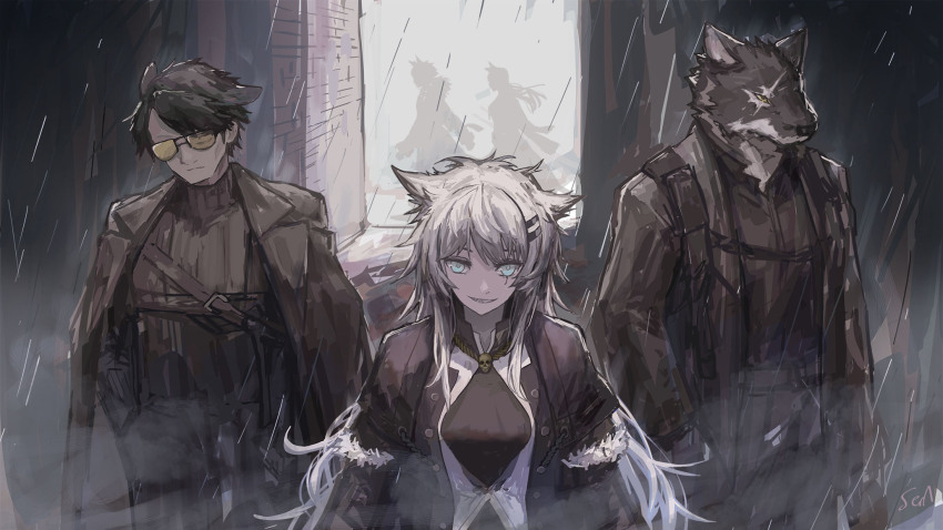 2girls, 3boys, animal_ears, arknights, black_jacket, black_shirt, blue_eyes, capone_(arknights), commentary_request, furry, furry_male, gambino_(arknights), grey_hair, grin, hair_ornament, hairclip, highres, jacket, lappland_(arknights), long_hair, multiple_boys, multiple_girls, open_clothes, open_jacket, outdoors, penance_(arknights), rain, setsuka_(okuna_sin), shirt, silhouette, sketch, smile, very_long_hair, vigil_(arknights), white_shirt, yellow_eyes