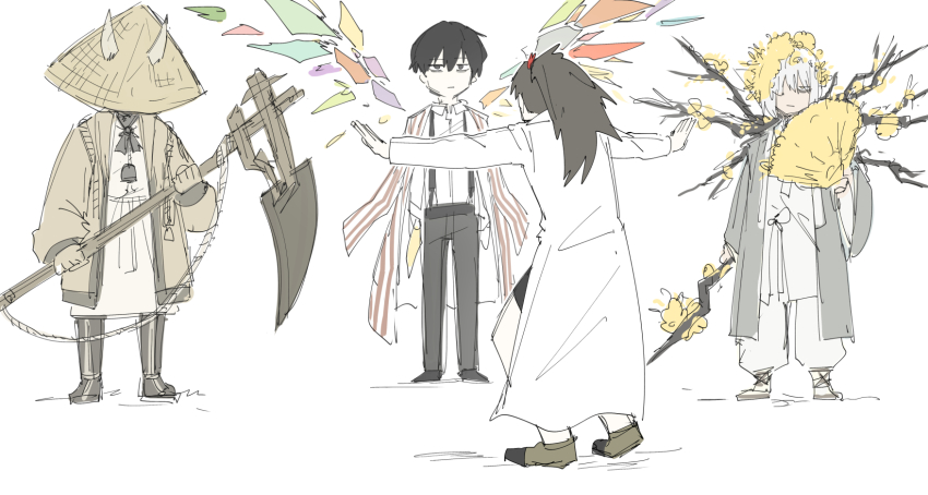 2boys, 2girls, bell, black_eyes, black_footwear, black_hair, black_pants, black_skirt, boots, branch, brown_footwear, carmen_(project_moon), coat, dongbaek_(project_moon), dongrang_(limbus_company), e.g.o_(project_moon), farmwatch_(e.g.o), flower, grey_hair, hanbok, hand_fan, hat, highres, holding, holding_scythe, horns, kankan33333, korean_clothes, lab_coat, limbus_company, meme, multicolored_wings, multiple_boys, multiple_girls, open_clothes, open_coat, overcoat, pants, petals, ponytail, prattkeeping_(meme), project_moon, rice_hat, rope, sandals, scythe, shards, skirt, spicebush_(e.g.o), spoilers, suspenders, wings, yi_sang_(project_moon)