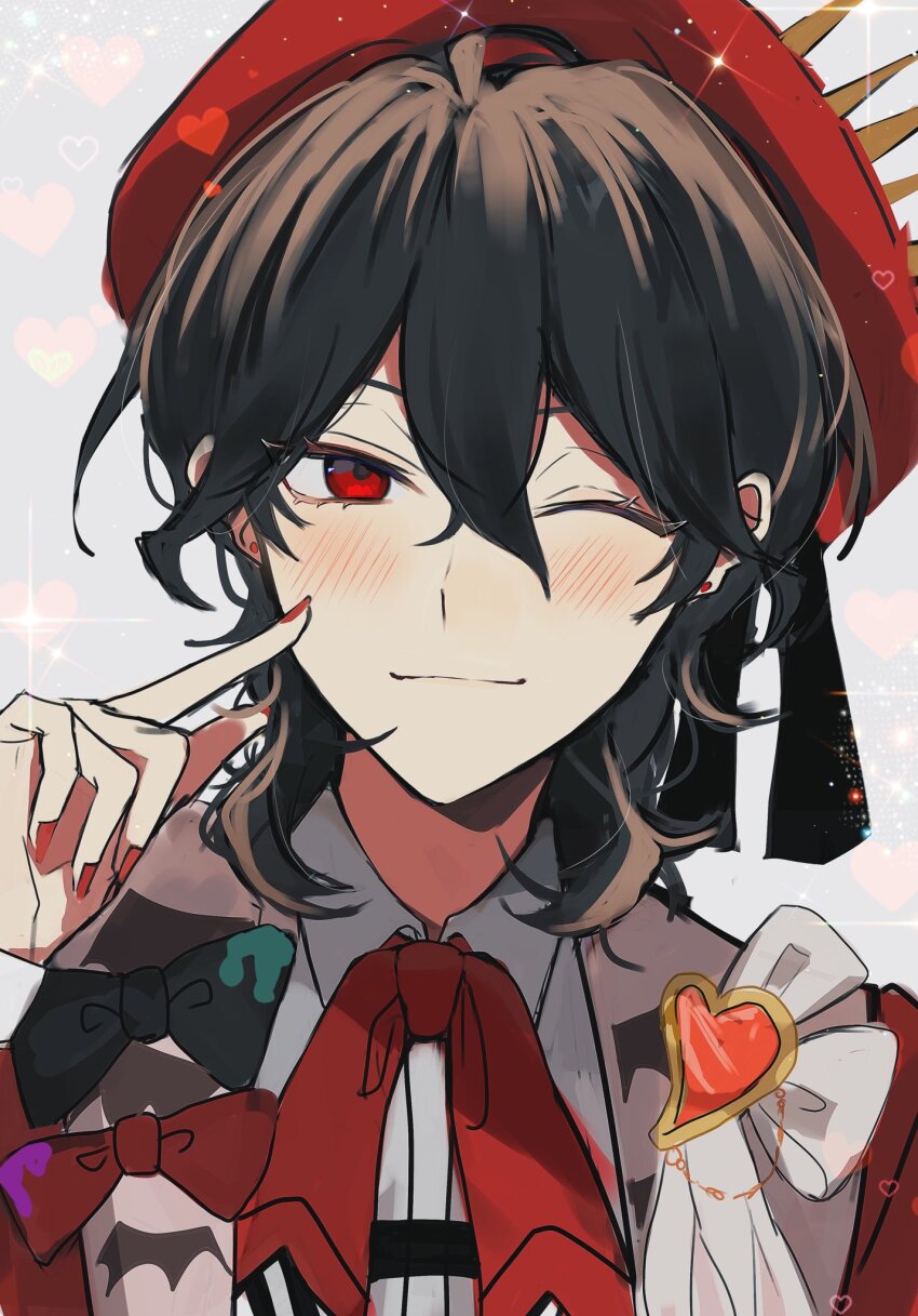1boy, black_hair, blush, closed_mouth, collared_shirt, ensemble_stars!, hat, heart