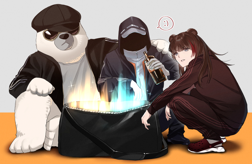 1girl, 1other, animal, animal_ears, arknights, bear, bear_ears, black_headwear, black_jacket, bottle, brown-framed_eyewear, brown-tinted_eyewear, brown_hair, brown_jacket, brown_pants, newsboy_cap, clothed_animal, crocs, doctor_(arknights), gloves, glowing, gopnik_(arknights), grey_background, grey_eyes, grey_shirt, hat, highres, holding, holding_bottle, hood, hood_up, hooded_jacket, jacket, long_hair, looking_at_viewer, looking_to_the_side, multicolored_hair, oxy_(ho2), pants, parted_lips, red_footwear, red_hair, shirt, simple_background, socks, spoken_expression, squatting, streaked_hair, sunglasses, tinted_eyewear, track_jacket, track_pants, track_suit, white_gloves, white_socks, zima_(arknights)