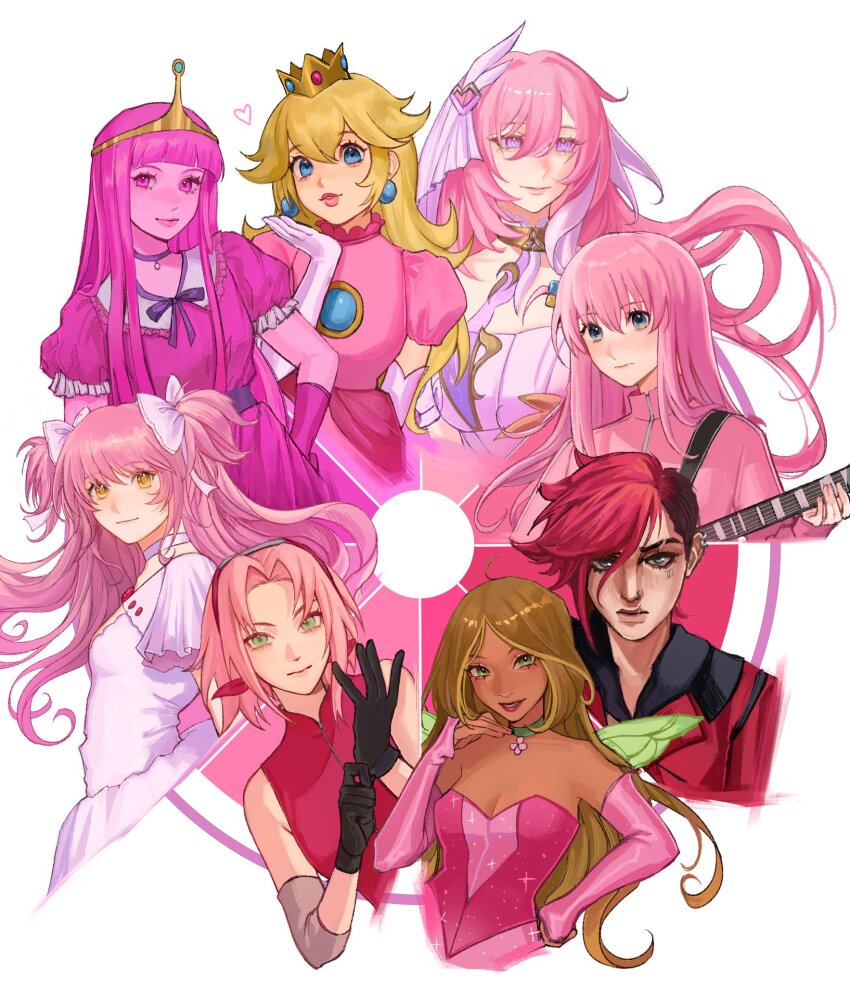 6+girls, adventure_time, arm_warmers, bare_shoulders, belt, black_gloves, blonde_hair, blue_eyes