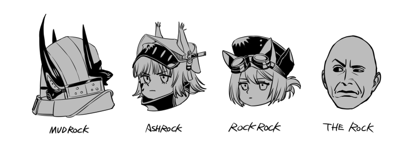 1boy, 3girls, absurdres, animal_ears, arknights, ashlock_(arknights), bald, character_name, closed_mouth, goggles, goggles_on_head, greyscale, hat, head_only, highres, hood, hood_up, horns, mask, material_growth, monochrome, mudrock_(arknights), multiple_girls, oripathy_lesion_(arknights), oxy_(ho2), rockrock_(arknights), simple_background, the_rock_(dwayne_johnson), uneven_eyes, v-shaped_eyebrows, visor_(armor), white_background, wwe