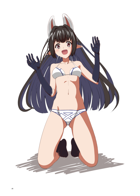 1girl, :d, bikini, black_hair, breasts, brown_eyes, collarbone, full_body