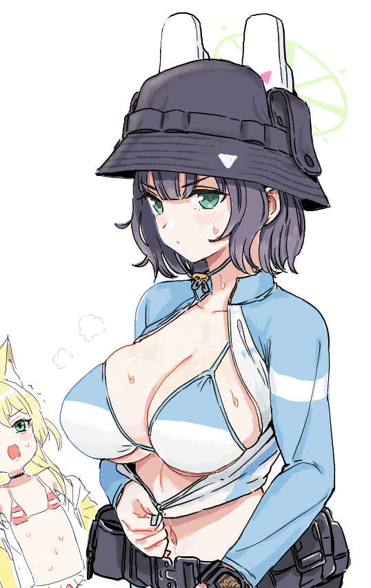 2girls, animal_ears, belt, bikini, black_hair, blonde_hair, blue_archive, blue_bikini