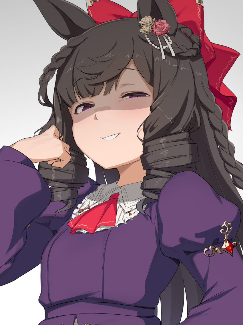 1girl, abmayo, animal_ears, black_hair, daiichi_ruby_(brilliant_red_gemstone)_(umamusume), daiichi_ruby_(umamusume), drill_hair, grin