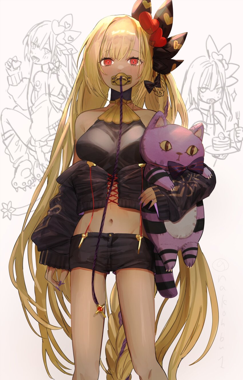 1girl, absurdres, bare_shoulders, black_jacket, black_shirt, black_shorts, blonde_hair, blush