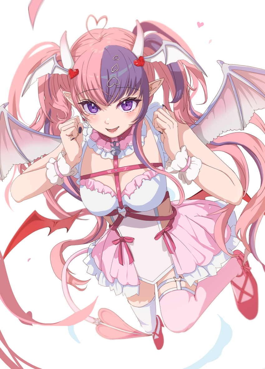 1girl, absurdres, ahoge, asymmetrical_legwear, bell, belt, black_nails, blush, breasts, chest_belt, choker, demon_horns, demon_tail, demon_wings, dress, hair_ornament, head_wings, heart, heart_ahoge, heart_hair_ornament, highres, horns, ironmouse, ironmouse_(demon_form), jingle_bell, large_breasts, long_hair, looking_at_viewer, low_wings, mary_janes, multicolored_hair, multiple_wings, n2tat, nail_polish, o-ring, o-ring_choker, open_mouth, pink_belt, pink_choker, pink_hair, pink_shoes, pink_skirt, pink_thighhighs, pointy_ears, purple_eyes, purple_hair, shoes, skirt, smile, solo, streaked_hair, tail, thigh_strap, thighhighs, twintails, virtual_youtuber, vshojo, white_dress, white_thighhighs, white_wrist_cuffs, wings, wrist_cuffs