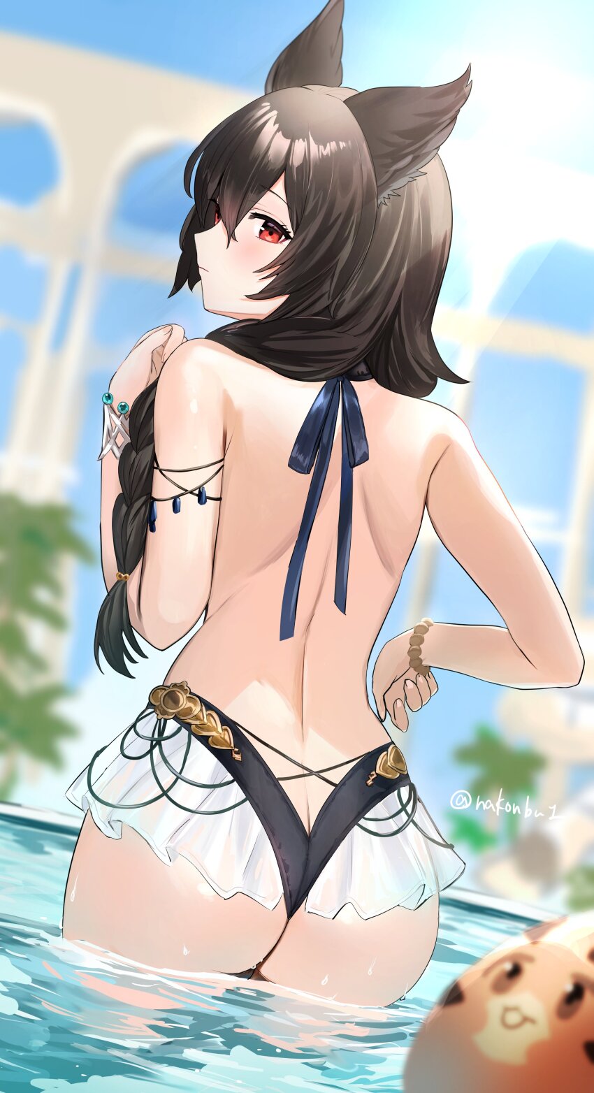 1girl, absurdres, animal_ears, ass, back, backless_swimsuit, ball, bare_shoulders, black_hair, black_one-piece_swimsuit, blurry, blurry_background, blurry_foreground, bracelet, braid, braided_ponytail, butt_crack, closed_mouth, day, from_behind, granblue_fantasy, hair_between_eyes, highres, jewelry, long_hair, looking_at_viewer, looking_back, nakonbu, nier_(granblue_fantasy), nier_(lover_by_the_lily_lake)_(granblue_fantasy), one-piece_swimsuit, outdoors, red_eyes, solo, sun, swimsuit, twitter_username, vyrn_(granblue_fantasy), wading, water