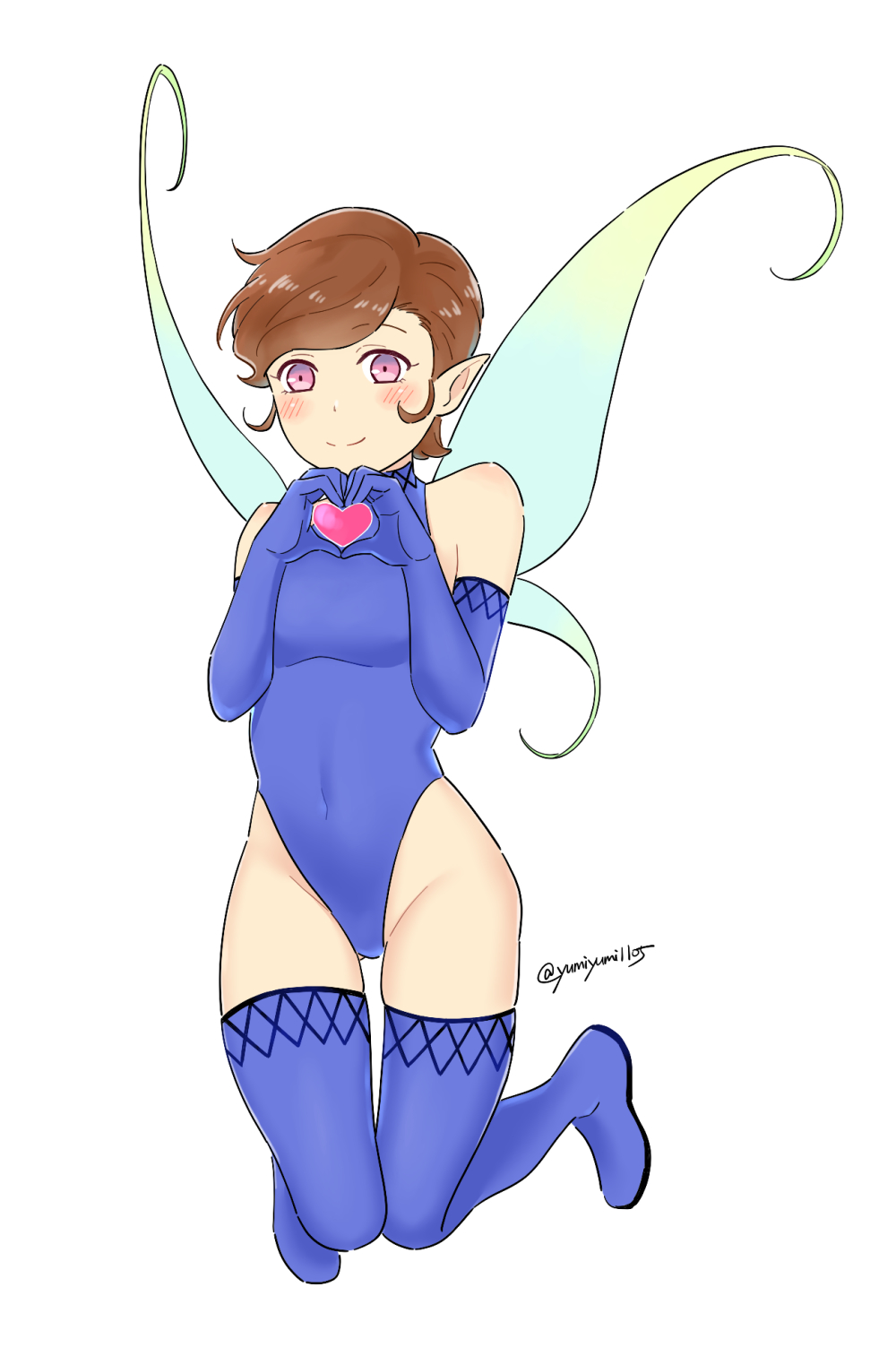 1girl, breasts, brown_hair, closed_mouth, covered_navel, elbow_gloves, fairy, fairy_wings, full_body, gloves, highres, leotard, looking_at_viewer, medium_breasts, pixie_(megami_tensei), pointy_ears, shin_megami_tensei, short_hair, simple_background, smile, solo, thighhighs, white_background, wings, yellow_eyes, yumiyumi1105