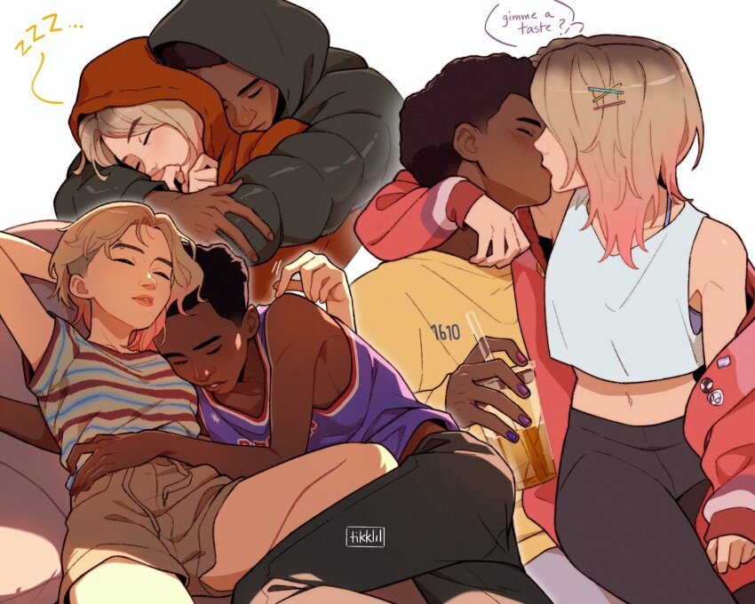 1boy, 1girl, asymmetrical_hair, black_hair, blonde_hair, closed_eyes, couple, crop_top, cuddling, dark-skinned_male, dark_skin, english_text, eyebrow_piercing, face_piercing, gwen_stacy, hetero, highres, interracial, jacket, kiss, marvel, midriff, miles_morales, navel, piercing, short_shorts, shorts, sidecut, sleeping, sleeping_on_person, speech_bubble, spider-man:_across_the_spider-verse, spider-man_(series), spider-verse, stomach, tikklil, undercut