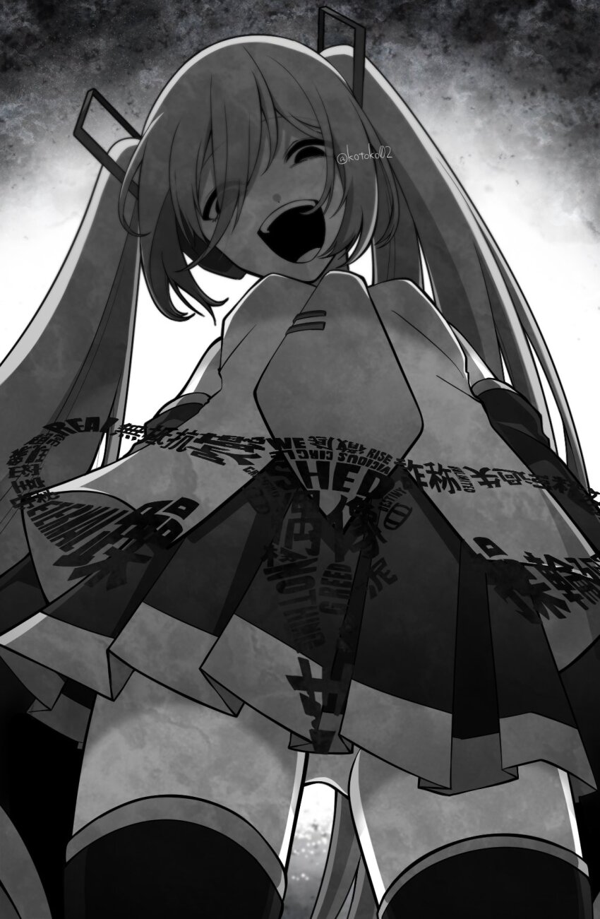 1girl, arms_at_sides, backlighting, boots, breasts, commentary_request, cowboy_shot, crazy_smile, detached_sleeves, empty_eyes, english_text, from_below, greyscale, hair_ornament, hair_over_one_eye, half-closed_eyes, hatsune_miku, head_tilt, highres, kotoko0, language_request, long_bangs, long_hair, looking_at_viewer, looking_down, miniskirt, mixed-language_text, monochrome, necktie, open_mouth, panties, pantyshot, pleated_skirt, raised_eyebrows, sanpaku, shirt, skirt, sleeveless, sleeveless_shirt, small_breasts, smile, solo, standing, thigh_boots, tie_clip, translation_request, twintails, twitter_username, uminaoshi_(vocaloid), underwear, uterus, vocaloid, watermark