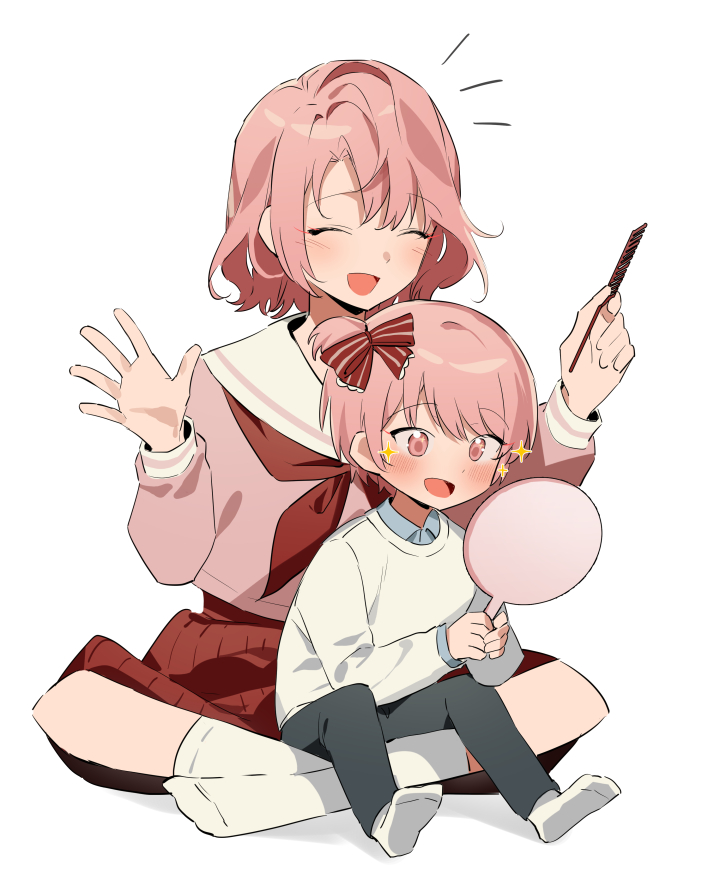 1girl, 1other, :d, age_difference, aged_down, akiyama_mizuki, akiyama_yuuki, androgynous