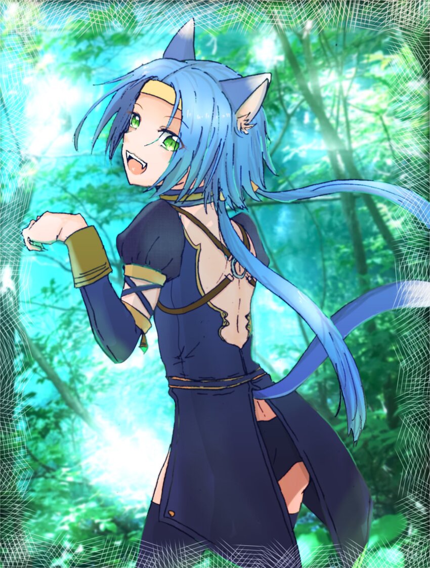 1girl, animal_ears, ass, blue_hair, cat_ears, cat_tail, green_eyes, highres