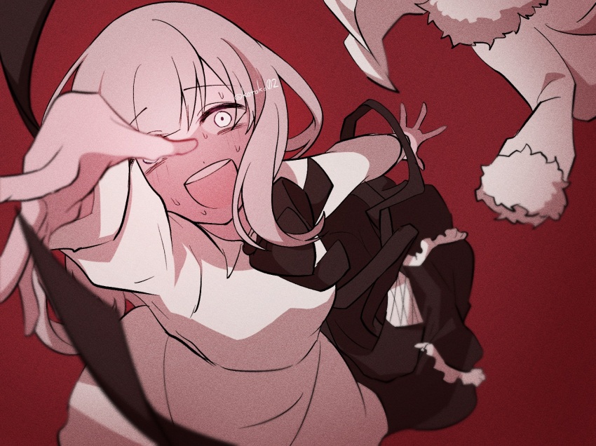 1girl, adipocere_(vocaloid), arm_up, bags_under_eyes, black_bow, black_bowtie, black_ribbon, black_skirt