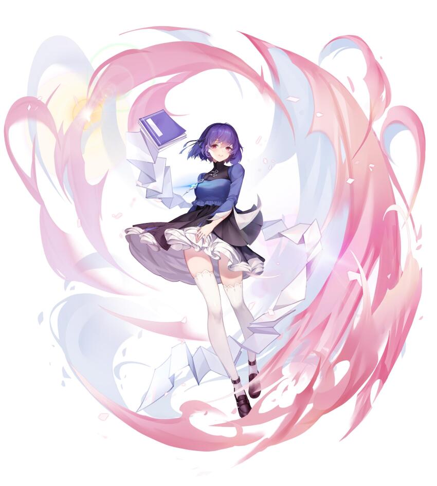 1girl, absurdres, anklet, black_ribbon, black_shoes, black_skirt, blue_shirt, book